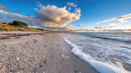 Sunset beach coastal scene, waves gently lapping shore. Travel brochure