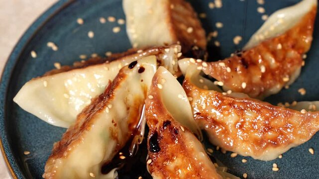 soy sauce seeds being poured on fried gyoza dumplings with sesame seeds. Close-up high quality 4K video.