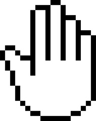 Black and white pixelated hand cursor pointing and clicking or selecting something on a computer screen, representing digital interaction and online activity