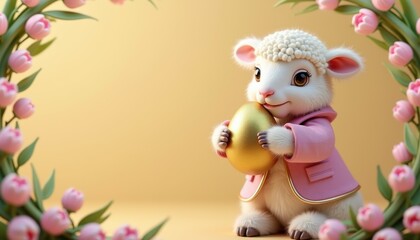 Naklejka premium Adorable fluffy Easter lamb in pastel blazer holding golden Easter egg against warm beige background with floral wreath frame and copy space