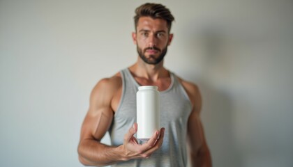 European man in casual fitness attire holding sports nutrition can mockup with product in focus against neutral background and bright, clean lighting
