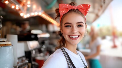 Smiling caucasian female young barista in retro diner setting