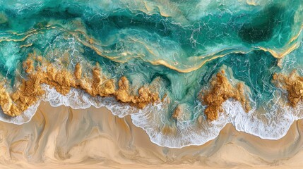 Naklejka premium Aerial view turquoise waves crashing golden rocks, sandy beach, ocean background, travel poster