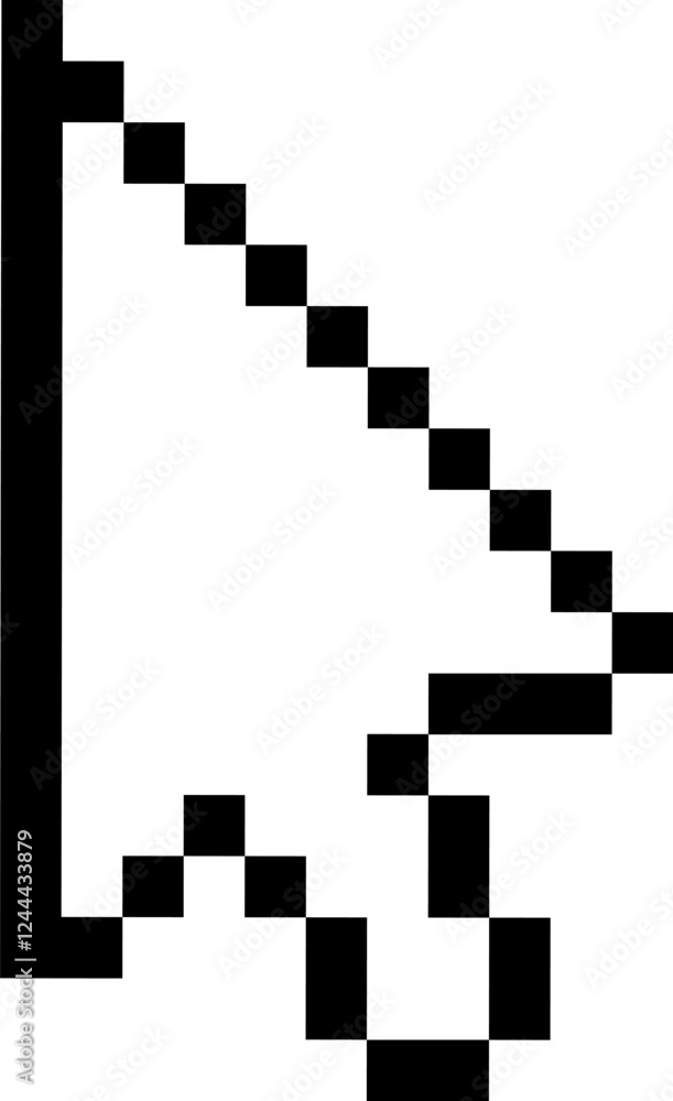 Poster black pixelated arrow cursor pointing diagonally upwards against a clean white background, symbolizi