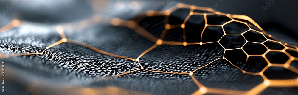 Aufkleber futuristic hexagonal black background with a honeycomb motif. a wave of particles is depicted, rende