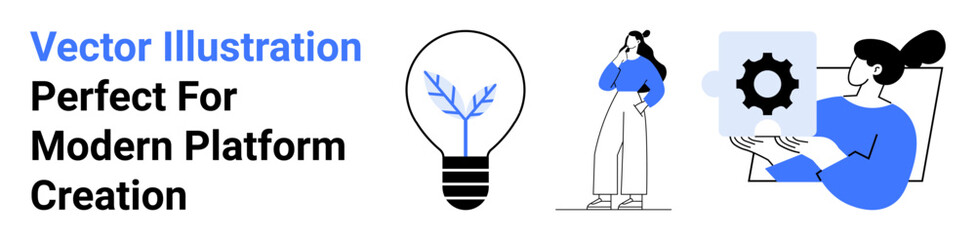 Lightbulb with branching idea, a woman thinking, and a gear in hand symbolizing brainstorming, innovation, and systems. Ideal for technology, leadership, teamwork, strategy solutions creativity