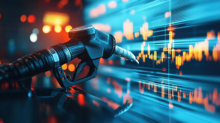 Petroleum Fuel Nozzle with Blurred Energy Market Graph Depicting Global Oil Price Fluctuations in the Industrial Sector