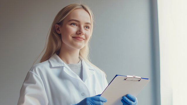 Smiling young female scientist in white lab coat and blue gloves holding clipboard, concept innovation and professional expertise in laboratory setting
