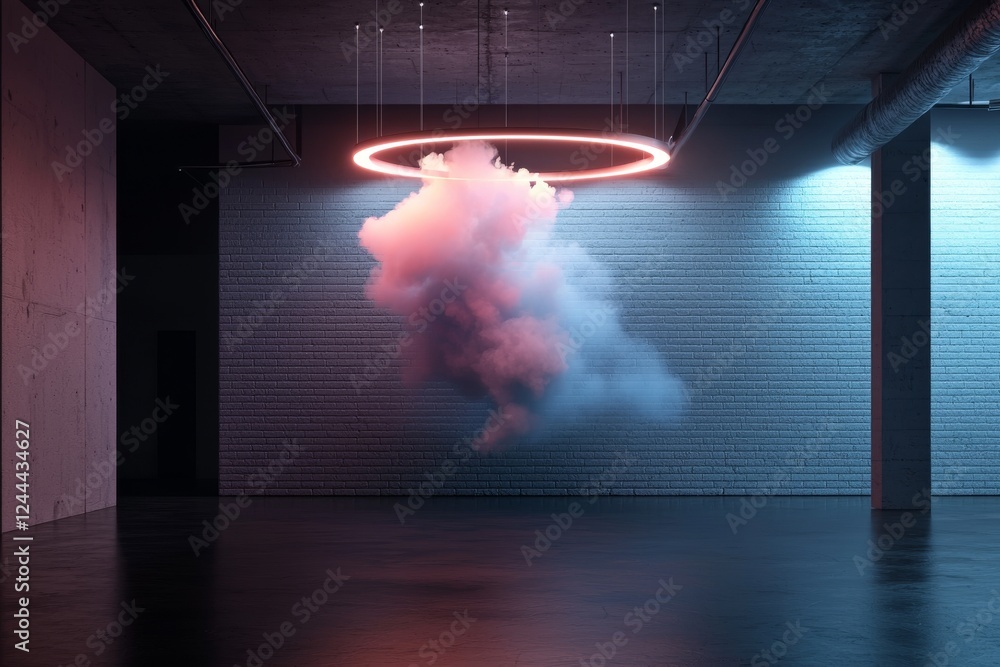 Aufkleber neon light rays shine on a brick wall, creating an empty scene. reflections of the neon can be seen 