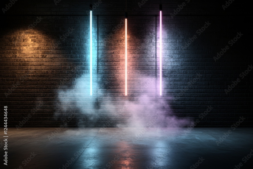 Aufkleber rays of neon light illuminate a brick wall. the scene is otherwise empty. neon reflections are visib