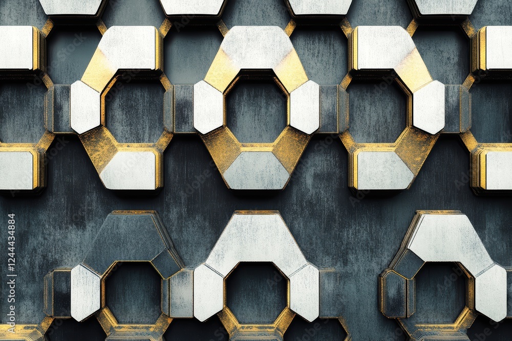 Poster graphic hexagonal pattern featuring metallic and textured designs in a contemporary setting