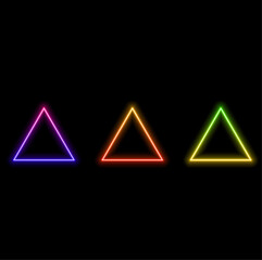 Neon triangle. Futuristic retro model. Music poster with bright element. Cyberpunk geometric shape. Electronic music design. Future minimum flag. Retrowave effect.