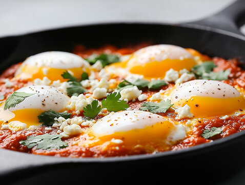 Eier in Tomatensauce mit Feta und frischen Kr&auml;utern in der Pfanne

