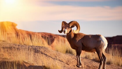 Majestic Bighorn Sheep Strolling Across Badlands Red Rock Canyon Landscape, Under Clear Blue Skies at Dusk