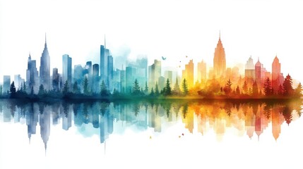 Obraz premium Colorful urban skyline with forest reflections in watercolor art. National Jacob Day