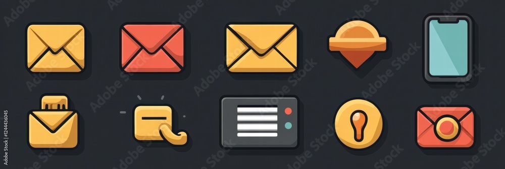 Poster flat icon set for web design featuring mail and phone symbols in modern style
