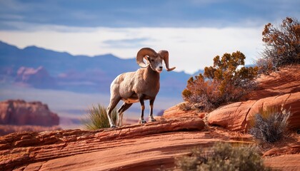Naklejka premium Majestic Bighorn Sheep Against Red Rock Canyon Backdrop at Twilight, Showcasing the Deserts Raw Beauty and Power
