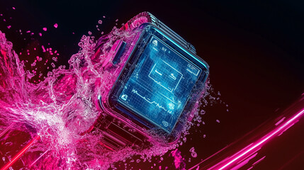 A high-tech smartwatch with a glowing cyber interface submerged in splashing water, featuring advanced health monitoring, data tracking, and futuristic wearable technology in a cyberpunk style.