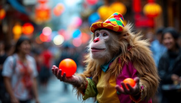 Cute Monkey Juggling Balls in Colorful Clown Costume