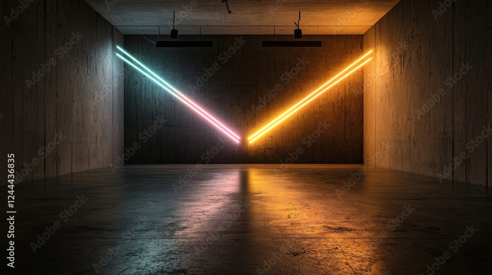 Aufkleber an abstract 3d technology neon light background set in an empty space scene, illuminated by a spotli