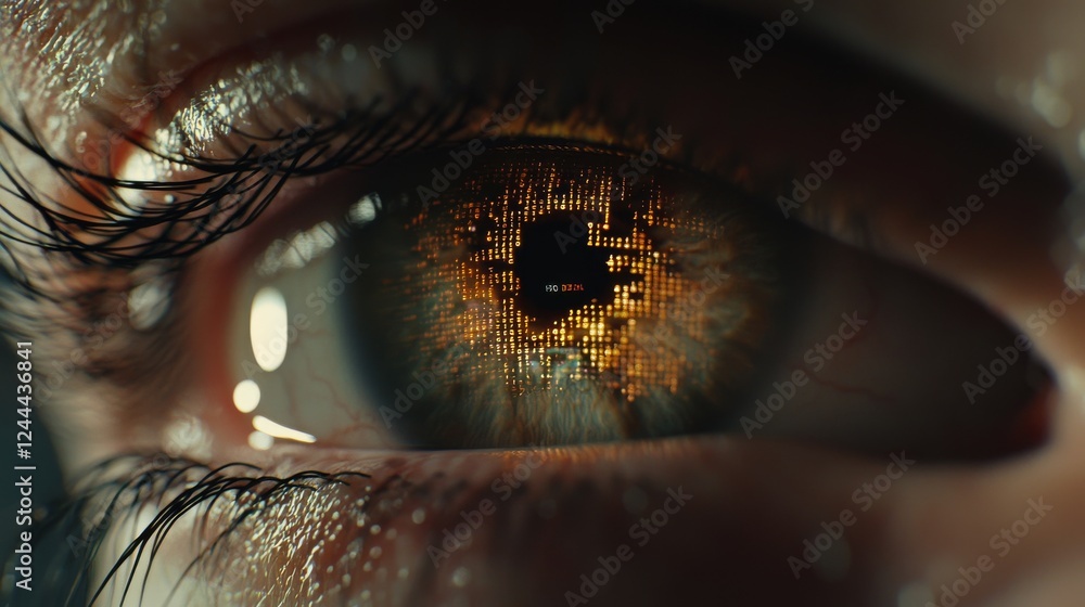 Poster concept animation of a human iris with multicolored patterns. following a flash, rainbow lines emana