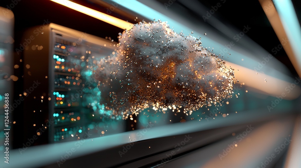 Aufkleber A futuristic hologram of digital informational technology includes a cloud symbol, bathed in blue and golden light, with a backdrop of digital digits and code, symbolizing cloud computing. The scene