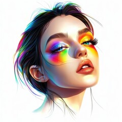 Obraz premium young woman with vibrant eyeshadow in rainbow colors, isolated on white