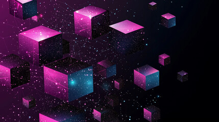 A vibrant abstract illustration depicting glowing interconnected cubes floating in deep space, symbolizing blockchain, decentralized networks, and digital data exchange in a futuristic concept.