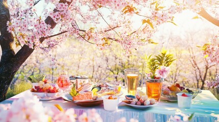 A delightful spring picnic under a blossoming cherry tree, featuring a spread of food and drinks.