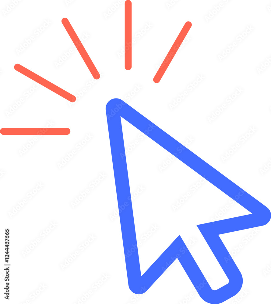 Poster blue mouse cursor clicking with red radial lines expanding from the tip, symbolizing an interactive 