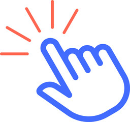 Obraz premium Cartoon hand cursor clicking with index finger making bright light effect, simple outline vector illustration isolated over white background