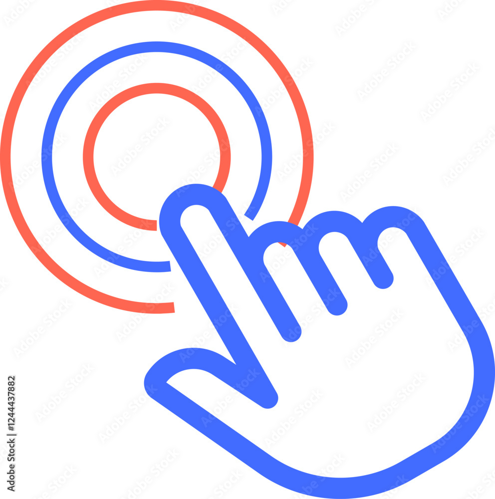 Poster stylized hand cursor touching a digital button, creating a ripple effect and symbolizing user intera