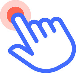 Cartoon hand with index finger extended, touching and pressing a red button with a pink halo, representing a digital interaction or online selection