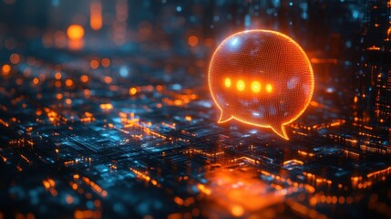 Futuristic digital communication concept with glowing speech bubble on technological circuit background