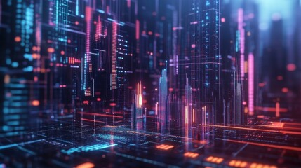 Fototapeta premium Neon Digital Cityscape: Abstract Data Visualization