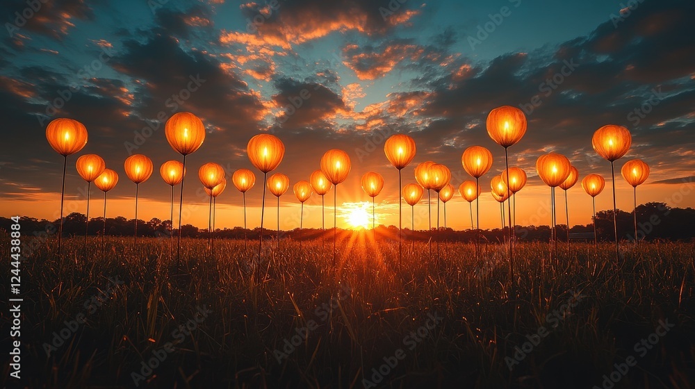 Aufkleber sunset over a field adorned with glowing lanterns, creating a serene atmosphere