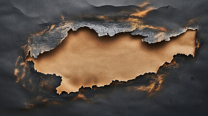 Paper sheet damaged by fire isolated burnt hole. Burnt hole in sheet of paper isolated damaged by fire surface. Vector torn page with brown ash
