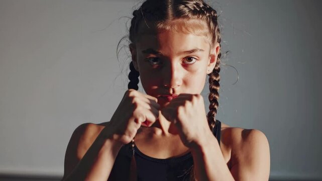 Defensive stance showcases teenage athlete's intensity. Braided fighter maintains traditional guard position in dramatic studio lighting setup. Static composition.