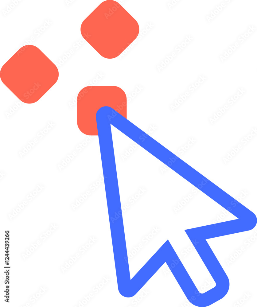 Poster mouse cursor clicking on a vibrant red button, with two additional red buttons floating above, illus