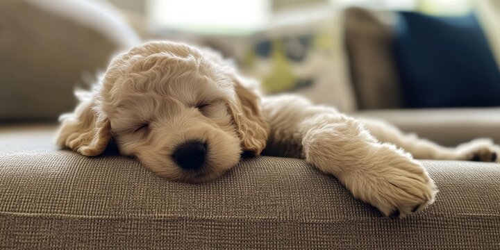 Sleeping puppy on couch - cozy pet scene for relaxation and comfort. National Puppy Day