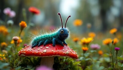 Cute Fuzzy Caterpillar on Red Mushroom in Flower Field