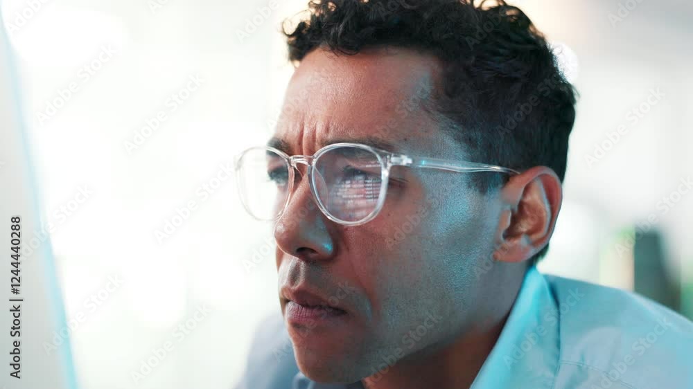 Aufkleber Glasses, man or it support programmer on computer for coding research or cybersecurity update. Reflection, reading or developer on technology for web development, programming and building software