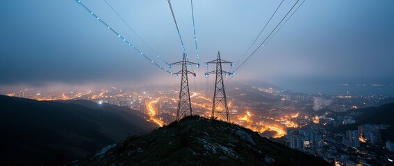 High power electricity poles in an urban area linked to a smart grid. Energy supply, energy distribution, energy transmission, high voltage supply concept photo