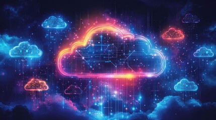 Obraz premium Vibrant digital cloud representation with neon colors and data flow.