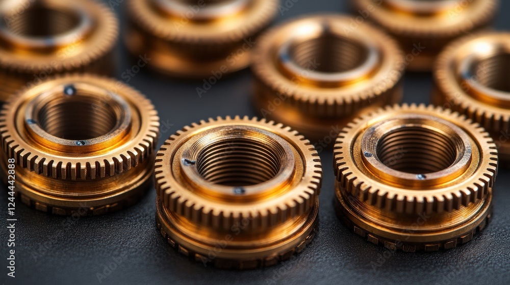 Poster close-up of intricately designed metallic gears arranged on a dark surface, showcasing precision eng