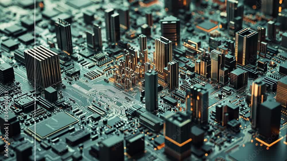 Poster futuristic cityscape of circuit board in macro view