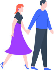 Young redhead woman wearing a purple skirt walking hand in hand with an elegant man, embodying love, affection, and a deep emotional connection in their joyful relationship