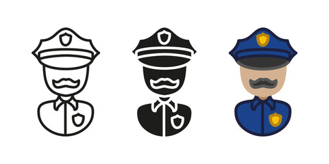Police officer icon. Policeman character vector illustration. Sheriff uniform symbol. Cop avatar. Detective man sign. Police department security guard profession. Police officer with hat and mustache.