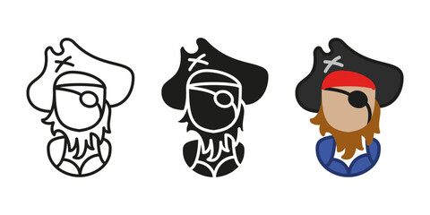 Pirate captain icon. Pirate of the Caribbean character vector illustration. Corsair robber costume sign. Piracy and adventure symbol. Seaman sailor mascot. One eye pirate captain with hat and bandana.