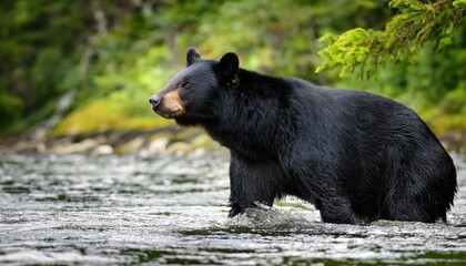 Majestic Alaskan Black Bear Wandering in Misty Ketchikan Forest at Twilight, Capturing the Enchanting Mood of Wild Alaskas Natural Habitat.